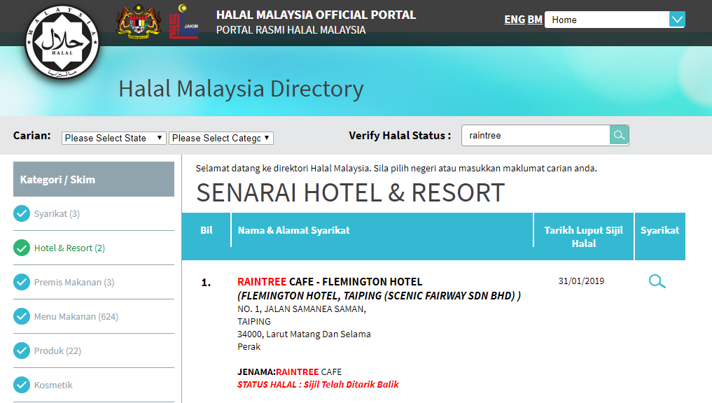 Sijil Halal Restoran Hotel Di Bandar Taiping Ditarik Serta Merta
